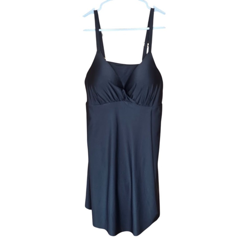 Black Wrap Swimdress Tummy Hiding Ruched V-Neck Women 20 Swimsuit Full Cover Adj